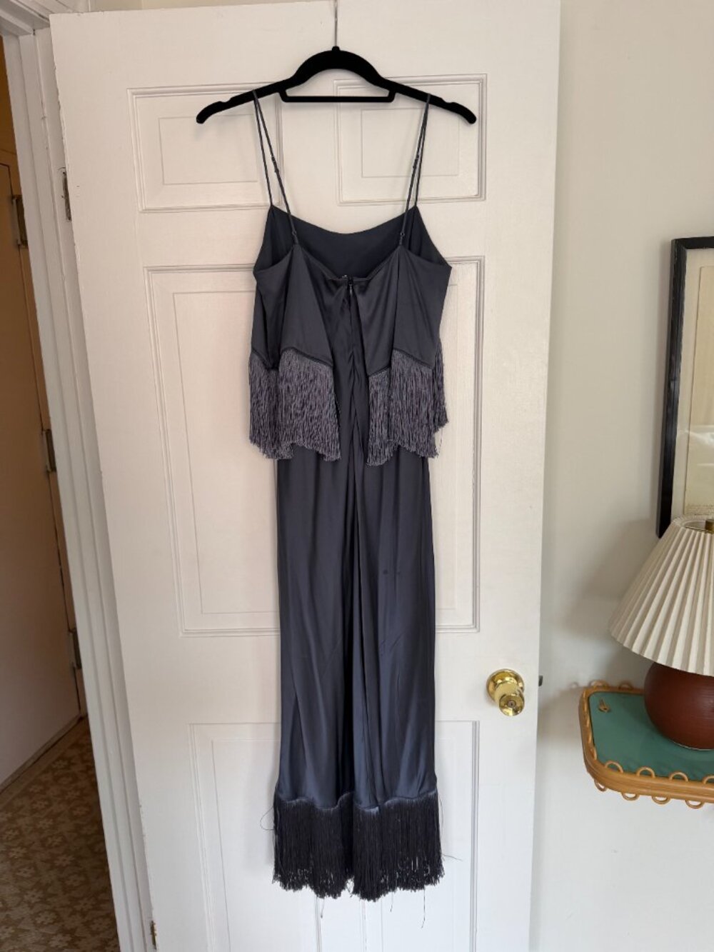 Cinq à Sept Eastwood Fringe Silk-Satin Midi Dress Square Neck Navy Blue - Picture 5 of 6